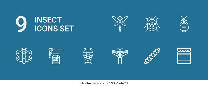Editable 9 insect icons for web and mobile. Set of insect included icons line Honey, Caterpillar, Locust, Insect, Butterfly, Ant, Ladybug, Dragonfly on blue background