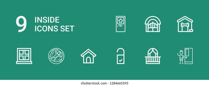 Editable 9 inside icons for web and mobile. Set of inside included icons line Door, Balcony, Doorknob, Dog house, Zorbing, Window on green background