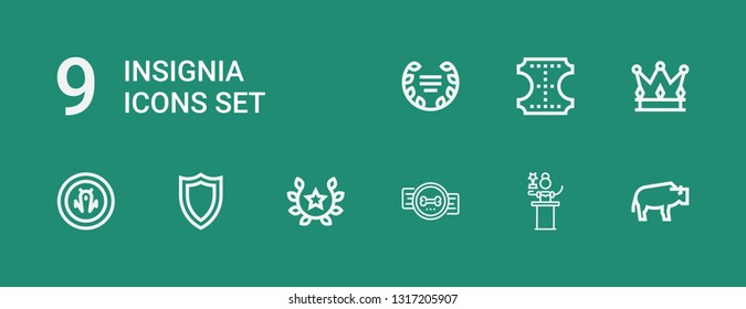 Editable 9 insignia icons for web and mobile. Set of insignia included icons line Bison, Awards, Badge, Laurel, Shield, Crown, Leather on green background
