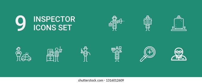 Editable 9 inspector icons for web and mobile. Set of inspector included icons line Bodyguard, Zoom, Detective on green background