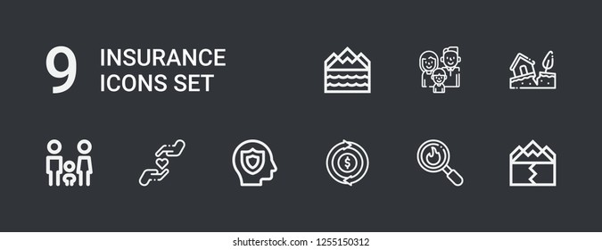 Editable 9 insurance icons for web and mobile. Set of insurance included icons line Earthquake, Disaster, Refund, Insurance, Charity, Family, Flood on dark background