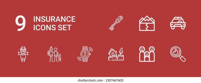 Editable 9 insurance icons for web and mobile. Set of insurance included icons line Disaster, Family, Earthquake, Investment, Seatbelt, Safety car on red background