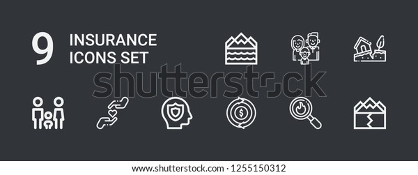 Editable 9 insurance\
icons for web and mobile. Set of insurance included icons line\
Earthquake, Disaster, Refund, Insurance, Charity, Family, Flood on\
dark background