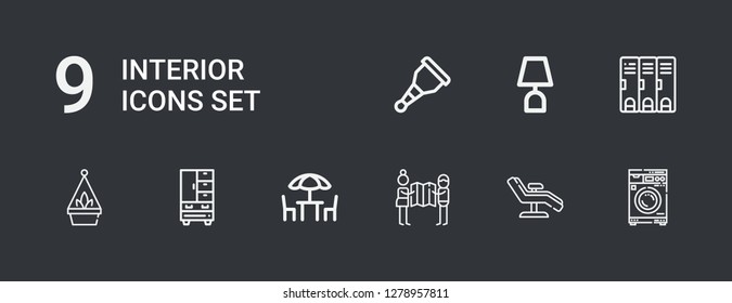 Editable 9 interior icons for web and mobile. Set of interior included icons line Washing machine, Chair, Planning, Chairs, Wardrobe, Hanging pot, Locker, Lamp on dark background
