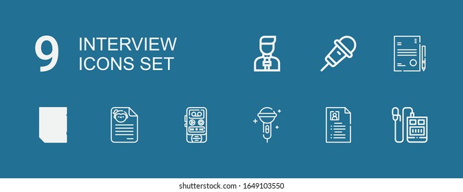 Editable 9 interview icons for web and mobile. Set of interview included icons line Voice recorder, Curriculum vitae, Karaoke, CV, Resume, News reporter on blue background