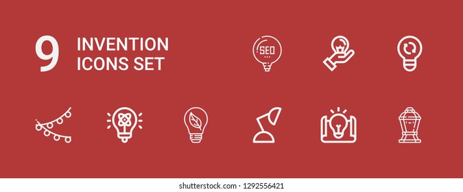 Editable 9 invention icons for web and mobile. Set of invention included icons line Lamp, Idea, Bulb, Light on red background