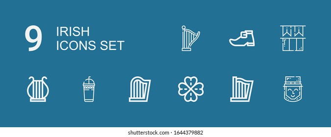 Editable 9 irish icons for web and mobile. Set of irish included icons line Leprechaun, Harp, Clover, Frappe, Ireland, Leprechaun shoe on blue background