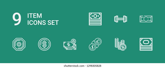 Editable 9 item icons for web and mobile. Set of item included icons line Money, Weight on green background