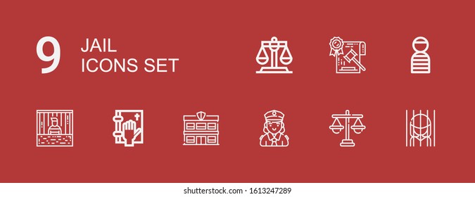 Editable 9 jail icons for web and mobile. Set of jail included icons line Prison, Justice, Police, Police station, Oath, Prisoner, Prisioner, Law on red background