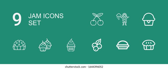Editable 9 jam icons for web and mobile. Set of jam included icons line Pie, Blueberry, Cupcake, Raincoat, Cherry on green background