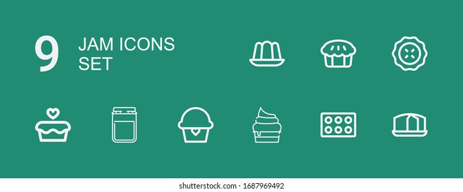 Iconos editables de congestionamiento 9 para web y móvil. Juego de mermeladas incluidas la línea de iconos Pastel de esponjas, pastel, mermelada, Pie, gelatina sobre fondo verde