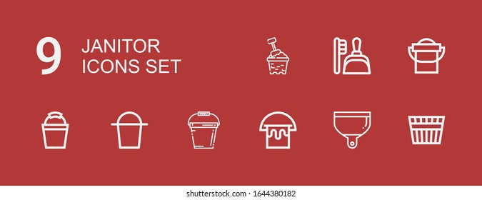 Bearbeitbar 9 Hausmeister Icons für Web und Mobile. Set Set Set von Hausmeistereinikonikonen Linie Ecket, Pfanne auf rotem Hintergrund
