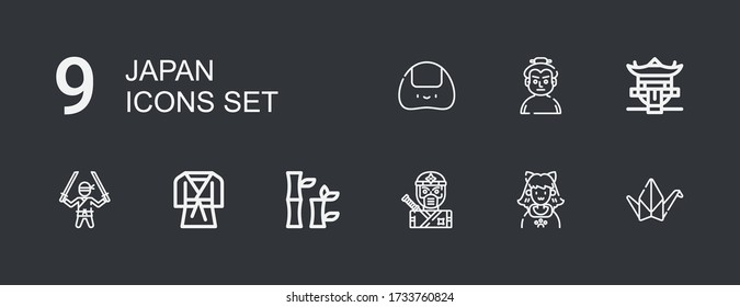 Editable 9 japan icons for web and mobile. Set of japan included icons line Origami, Cosplayer, Ninja, Bamboo, Judo, Pagoda, Sumo, Onigiri on dark background