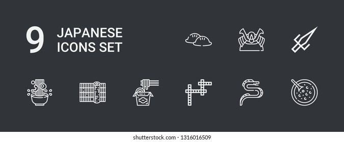 Editable 9 japanese icons for web and mobile. Set of japanese included icons line Red bean soup, Dragon, Crossword, Noodles, Sushi, Noodle, Sai, Shogun, Dumpling on dark background