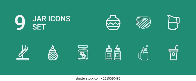 Editable 9 jar icons for web and mobile. Set of jar included icons line Smoothie, Condiment, Peanut butter, Pottery, Test tube, Jug, Vase on green background
