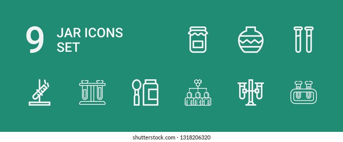 Editable 9 jar icons for web and mobile. Set of jar included icons line Test tube, Test tubes, Hive, Baby food, Vase, Jam on green background