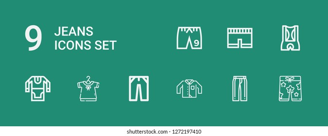 Editable 9 jeans icons for web and mobile. Set of jeans included icons line Shorts, Trousers, Clothing, Jeans, Tunic, Short on green background