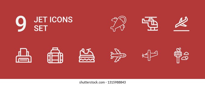 Editable 9 jet icons for web and mobile. Set of jet included icons line Control tower, Airplane, Jet ski, Transport, Printer, Landing, Helicopter on red background