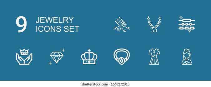 Editable 9 jewelry icons for web and mobile. Set of jewelry included icons line Miss world, Fashion, Necklace, Crown, Diamond, Jewelry, Pendant, Riches on blue background