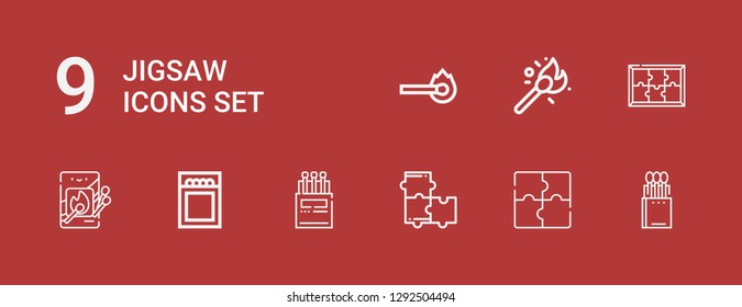Editable 9 jigsaw icons for web and mobile. Set of jigsaw included icons line Matches, Puzzle, Match on red background