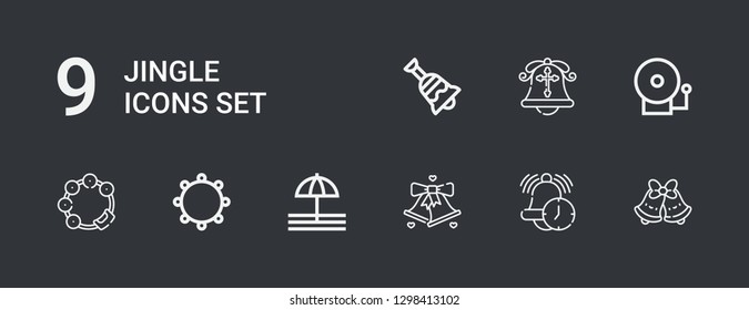 Editable 9 jingle icons for web and mobile. Set of jingle included icons line Bells, Alarm, Bell, Tambourine, Alarm bell on dark background