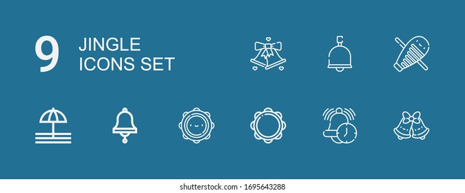 Editable 9 jingle icons for web and mobile. Set of jingle included icons line Bells, Alarm, Tambourine, Bell, Guiro on blue background