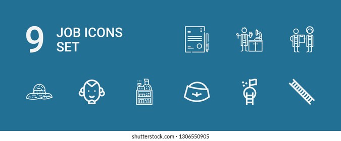 Editable 9 job icons for web and mobile. Set of job included icons line Ladder, Goal, Hat, Clerk, Man, Doctor, Lab technician, Resume on blue background