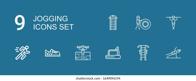 Editable 9 jogging icons for web and mobile. Set of jogging included icons line Fitness, Gym station, Treadmill, Sneakers, Running on blue background