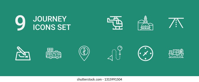 Editable 9 journey icons for web and mobile. Set of journey included icons line Cargo ship, Cardinal points, Direction, Compass, Caravan, Route, Road, Mole antonelliana on green background