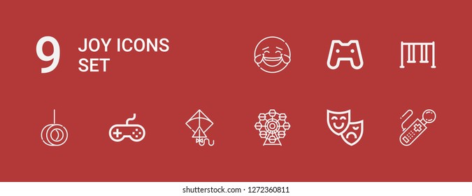 Editable 9 joy icons for web and mobile. Set of joy included icons line Controller, Theatre mask, Ferris wheel, Kite, Joystick, Swing, Gamepad, Laughing on red background