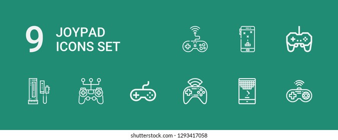 Editable 9 joypad icons for web and mobile. Set of joypad included icons line Gamepad, Game, Joystick, Console on green background
