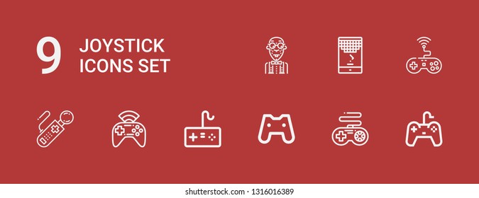 Editable 9 joystick icons for web and mobile. Set of joystick included icons line Gamepad, Controller, Game, Nerd on red background