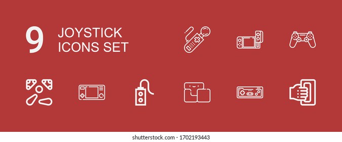 Editable 9 joystick icons for web and mobile. Set of joystick included icons line Handheld, Joystick, Tetris, Controller, Gamepad, Pinball, Game on red background