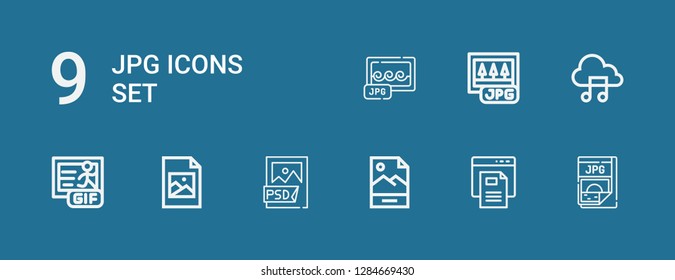 Editable 9 Jpg Icons For Web And Mobile. Set Of Jpg Included Icons Line Jpg, Text File, Psd File, Jpeg, Gif, Music File On Blue Background