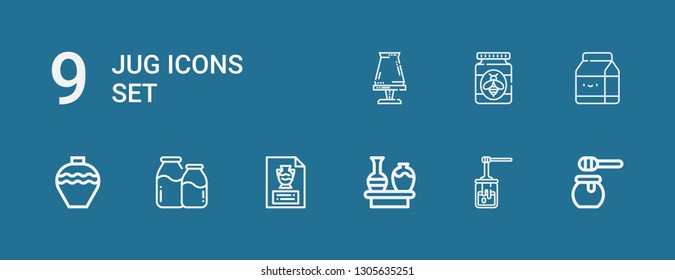 Editable 9 jug icons for web and mobile. Set of jug included icons line Honey, Vase, Milk, Pottery on blue background