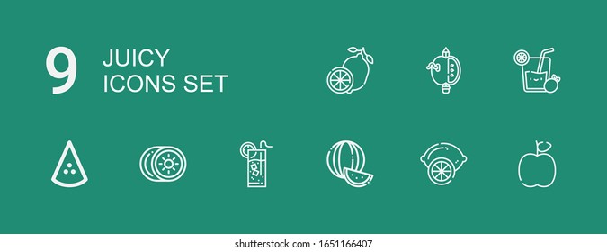 Editable 9 juicy icons for web and mobile. Set of juicy included icons line Apple, Lemon, Watermelon, Lemonade, Kiwi on green background