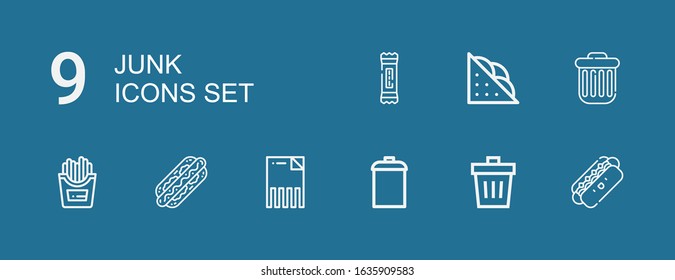 Editable 9 junk icons for web and mobile. Set of junk included icons line Hot dog, Trash, Garbage, Delete, Fries, Sandwich, Snack on blue background