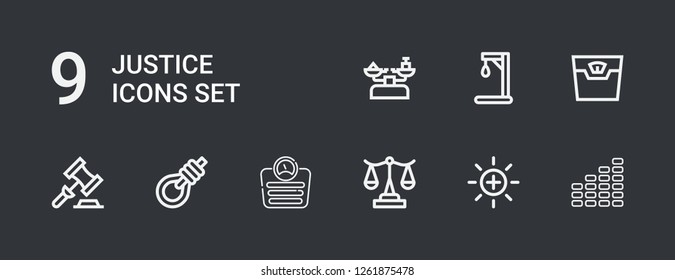 Editable 9 justice icons for web and mobile. Set of justice included icons line Equalizer, Balance, Scale, Gallows, Auction, Gallow on dark background