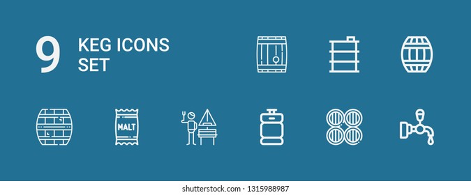 Editable 9 keg icons for web and mobile. Set of keg included icons line Beer tap, Barrels, Beer keg, German, Malt, Cask, Barrel on blue background