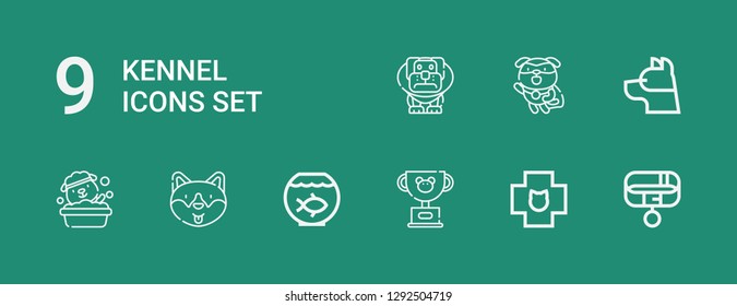 Editable 9 kennel icons for web and mobile. Set of kennel included icons line Collar, Veterinary, Pet, Fish bowl, Dog on green background