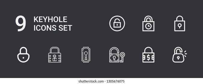 Editable 9 keyhole icons for web and mobile. Set of keyhole included icons line Lock, Padlock, Keyhole, Padlocks, Unlock on dark background