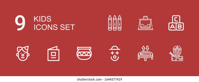 Editable 9 kids icons for web and mobile. Set of kids included icons line Ninja, Trampoline, Clown, Pottery, Baby book, Abc, Swing, Crayon on red background