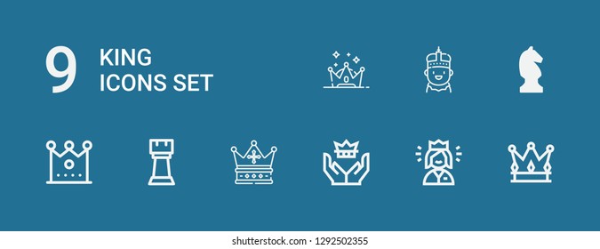 Editable 9 king icons for web and mobile. Set of king included icons line Crown, Queen, Rook, Chess, King momo on blue background