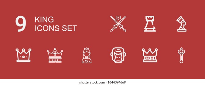 Iconos editables de 9 king para web y móvil. Conjunto de rey incluido íconos línea Scepter, Corona, Gorila, Miss mundo, Faraón, Rook, Lance sobre fondo rojo