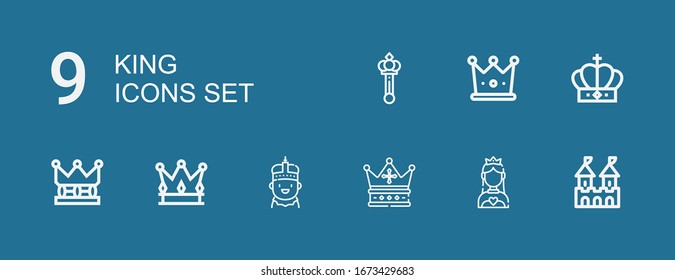 Editable 9 king icons for web and mobile. Set of king included icons line Fortress, Miss world, Crown, King momo, Scepter on blue background