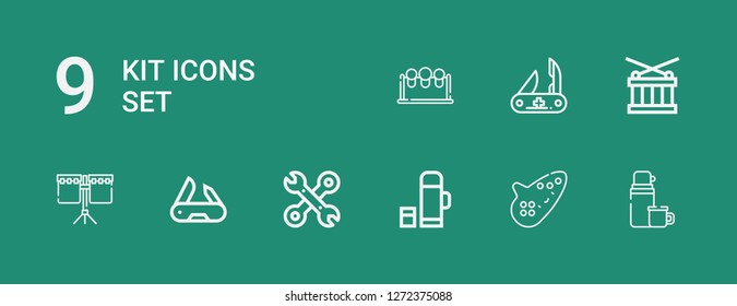 Editable 9 kit icons for web and mobile. Set of kit included icons line Thermo, Ocarina, Tools, Swiss army knife, Drum, Drums on green background