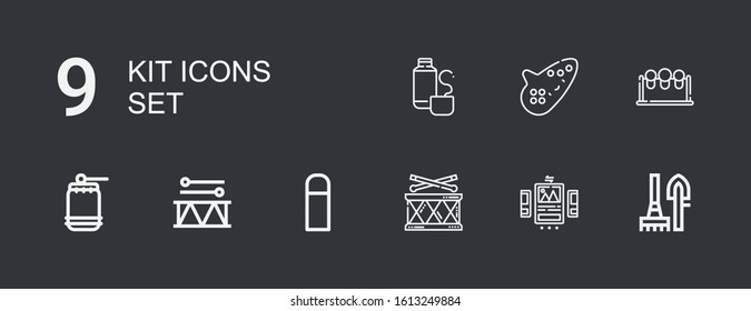 Editable 9 kit icons for web and mobile. Set of kit included icons line Tools, Ui, Drum, Thermo, Drums, Ocarina, Thermos on dark background
