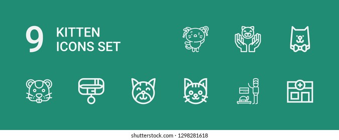 Editable 9 kitten icons for web and mobile. Set of kitten included icons line Veterinary, Veterinarian, Cat, Collar, Hamster, Kitty on green background
