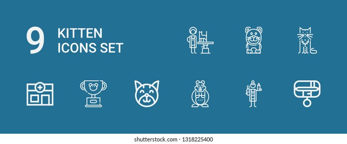 Editable 9 kitten icons for web and mobile. Set of kitten included icons line Collar, Veterinarian, Hamster, Cat, Pet, Veterinary on blue background