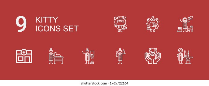 Editable 9 kitty icons for web and mobile. Set of kitty included icons line Veterinarian, Cat, Veterinary, Kitty on red background